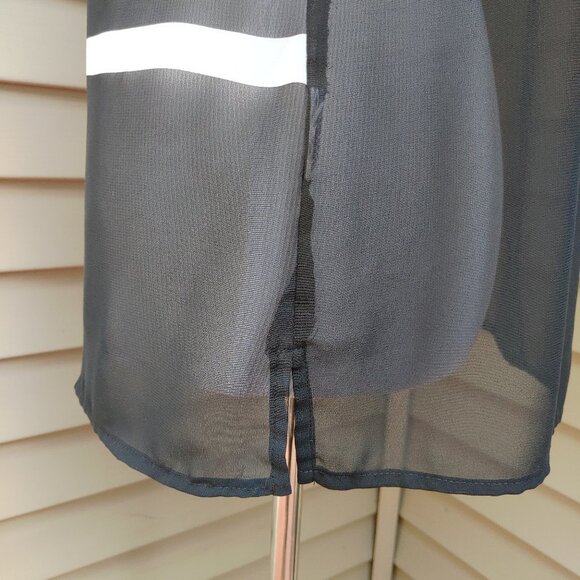 Liz Claiborne Striped Button-Up Blouse Black White Sheer High Neck Short Sleeves - Picture 7 of 11